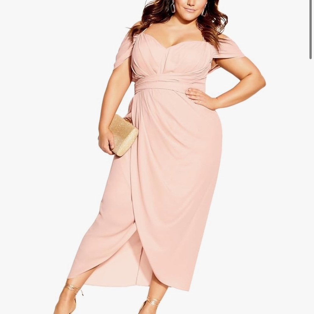 City Chic frill treasure Elegant Pink Off-Shoulder Maxi Dress New
